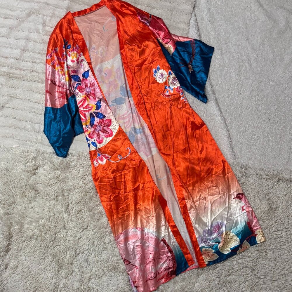 Vibrant Floral Silky Kimono Robe – One Size, 56” Long